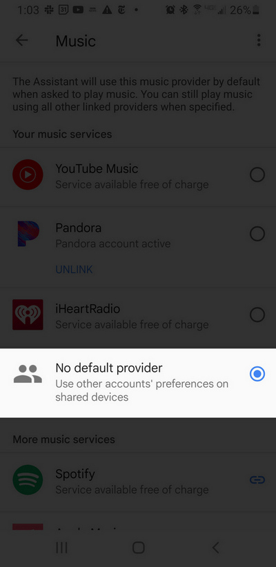Google Assistant default music provider